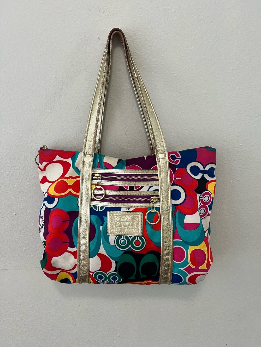 Coach Poppy Glam Tote Multicolor Signature Print Gold Trim Bag 13839
